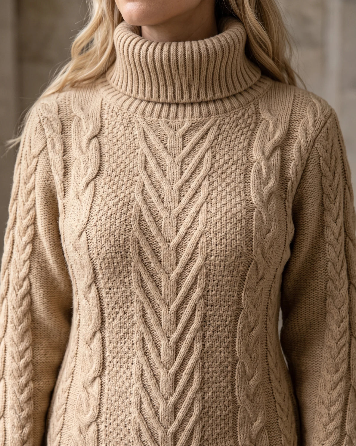 Khaki cable-knit turtleneck sweater dress — detail a