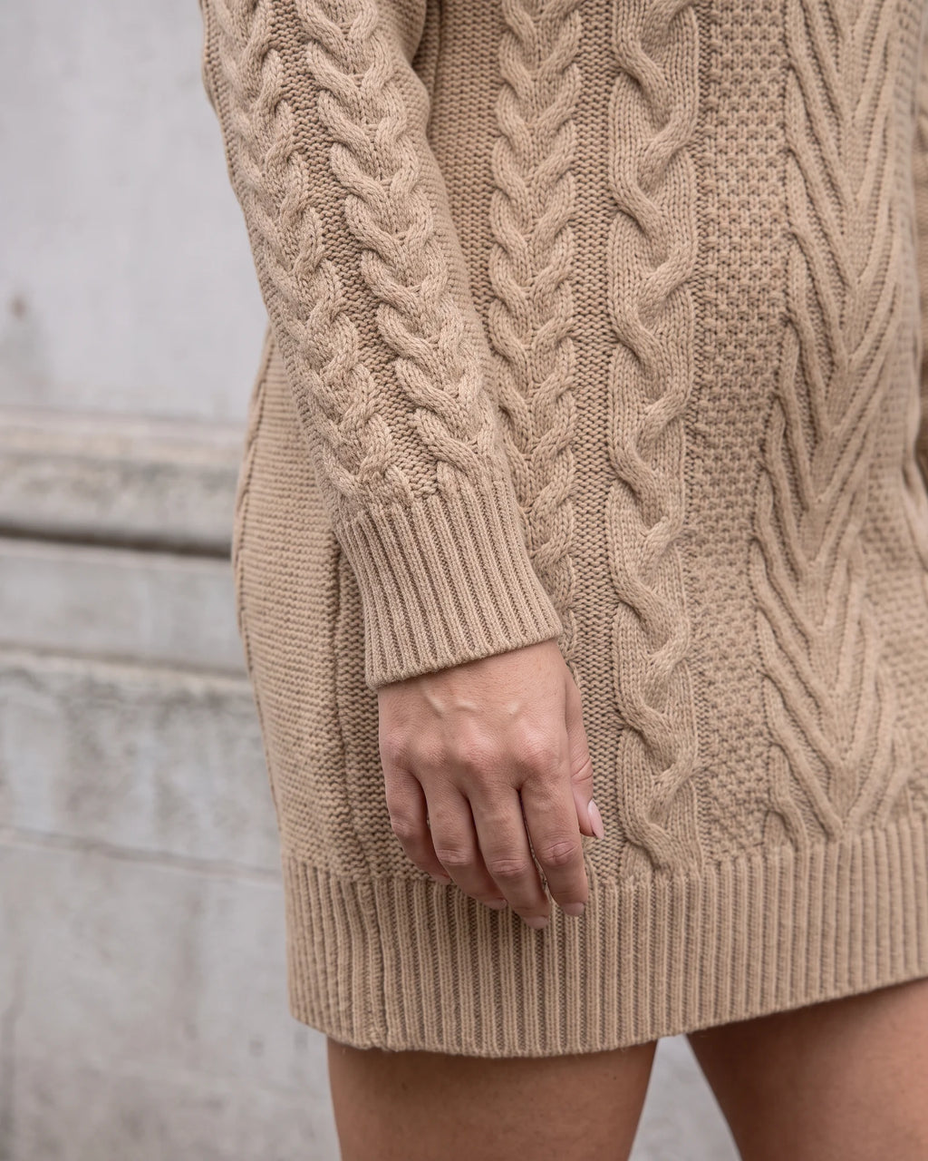 Khaki cable-knit turtleneck sweater dress — detail b