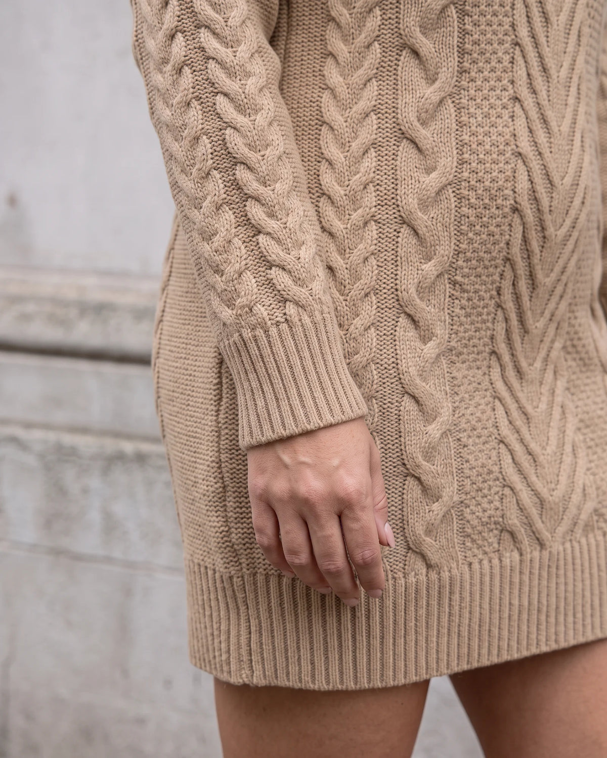 Khaki cable-knit turtleneck sweater dress — detail b