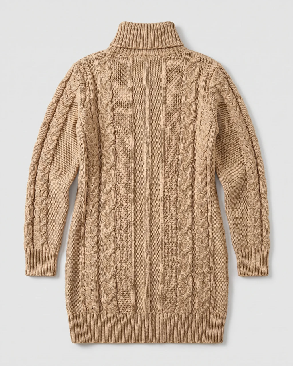 Khaki cable-knit turtleneck sweater dress — product back
