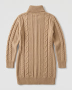 Khaki cable-knit turtleneck sweater dress — product back