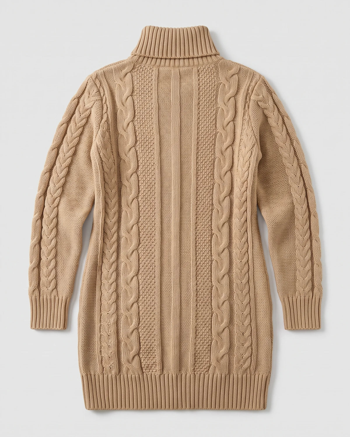 Khaki cable-knit turtleneck sweater dress — product back