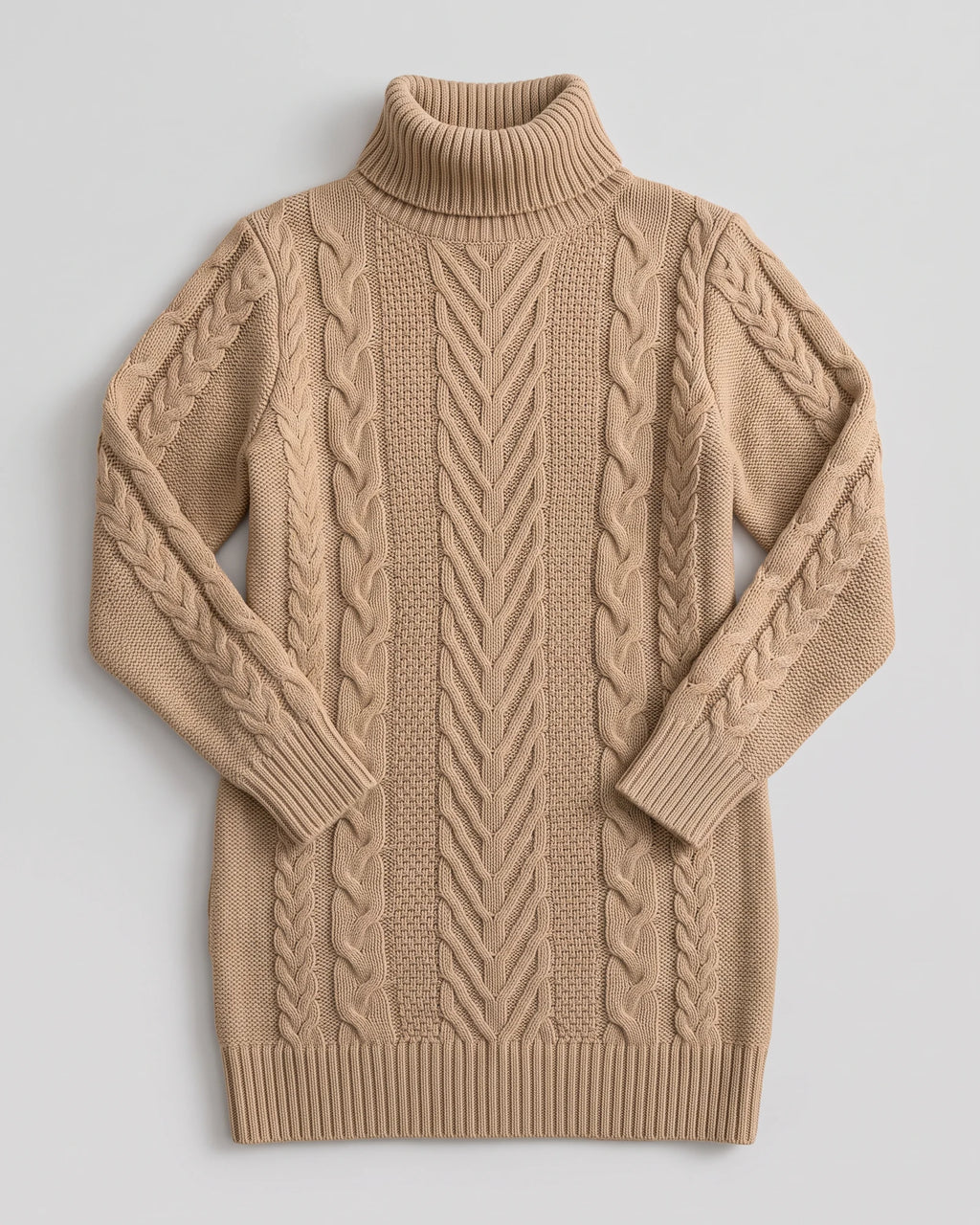 Khaki cable-knit turtleneck sweater dress — product front