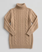 Khaki cable-knit turtleneck sweater dress — product front