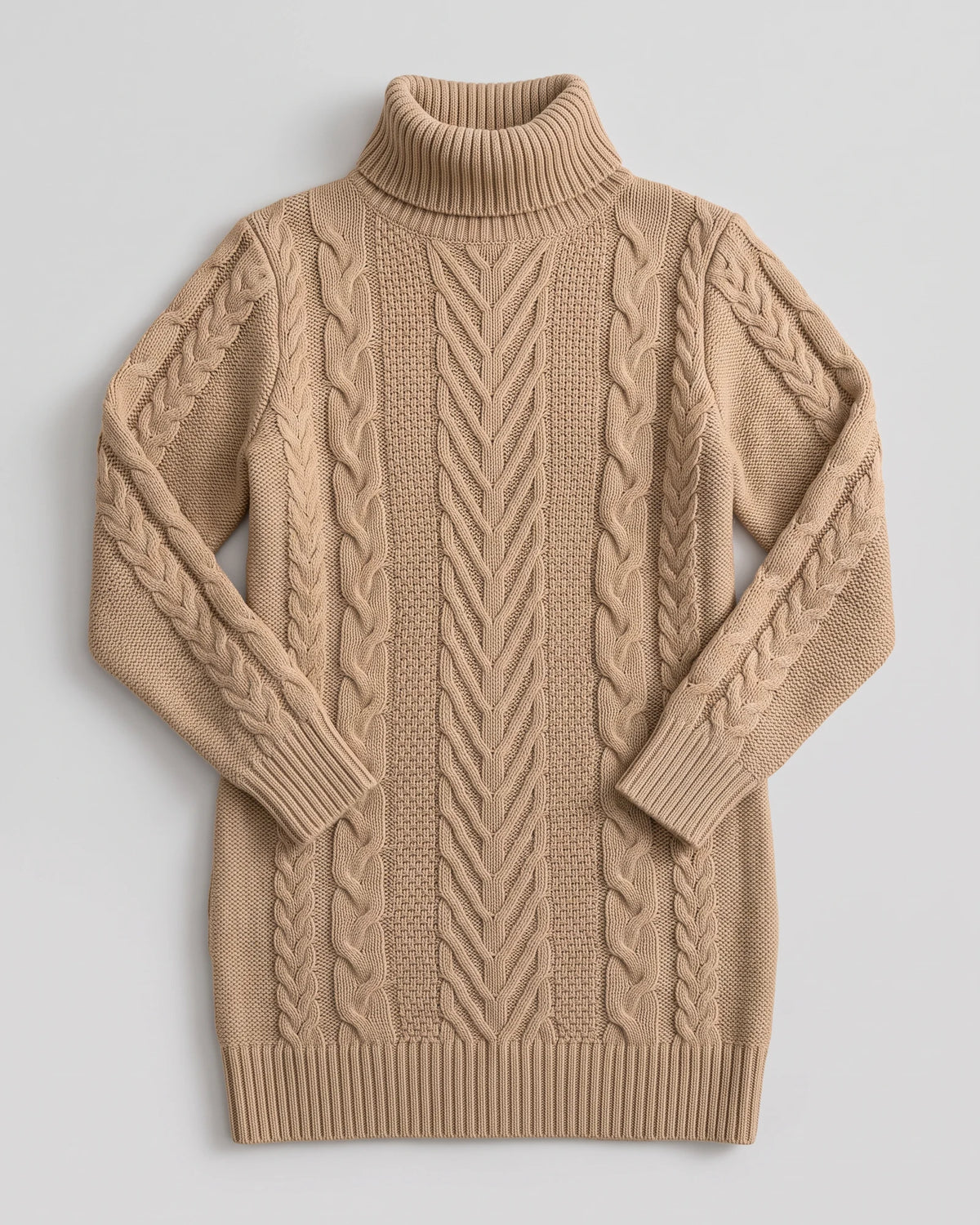 Khaki cable-knit turtleneck sweater dress — product front