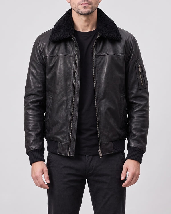 Men's Ace Leather Bomber Jacket with Shearling Collar — Black on light gray background