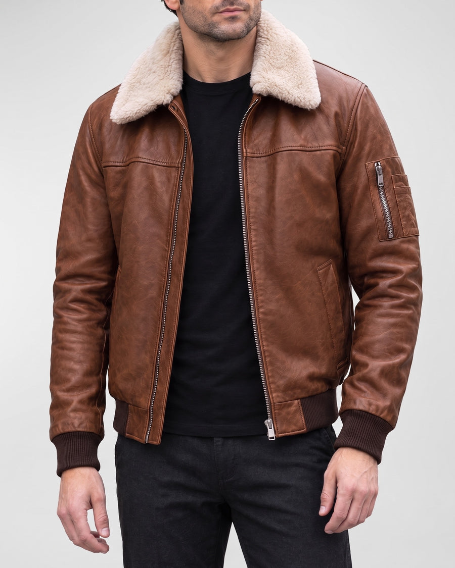 Men's Ace Leather Bomber Jacket with Shearling Collar — Cognac on light gray background