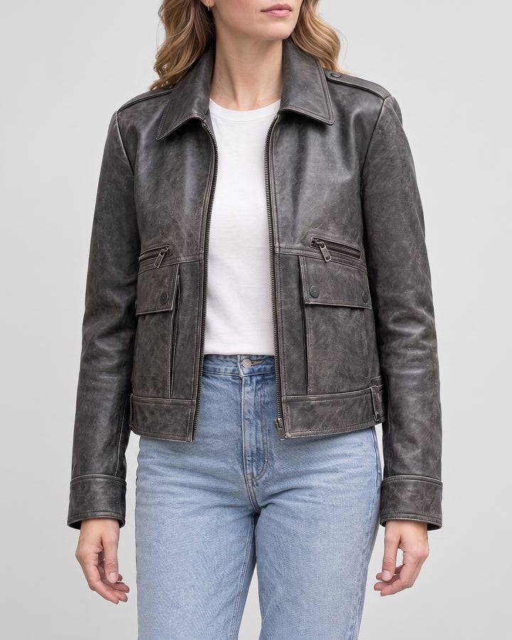 Women's Addis Leather Aviator Jacket — Faded Black on light gray background