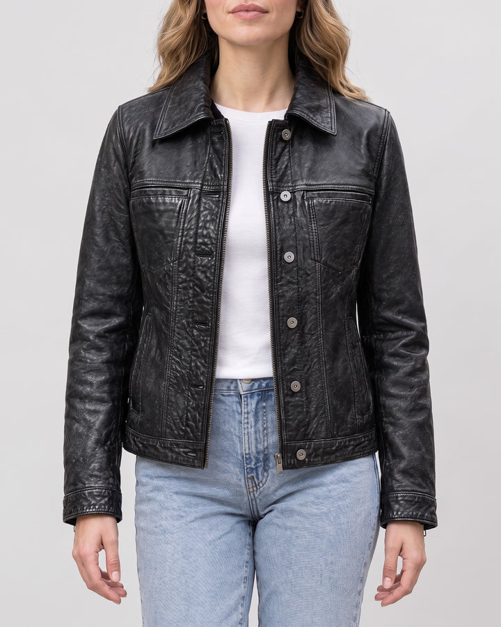 Women's Addison Leather Denim Jacket — Jet Black on light gray background