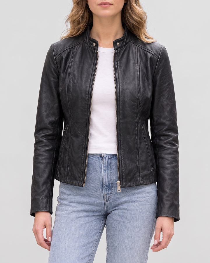 Women's Alora Leather Combo Racer Jacket — Black on light gray background