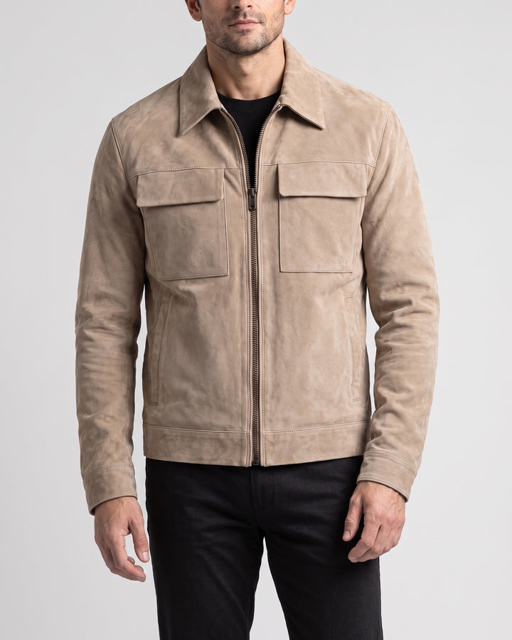 Men's Banks Suede Zip Shirt Jacket — Sand on light gray background
