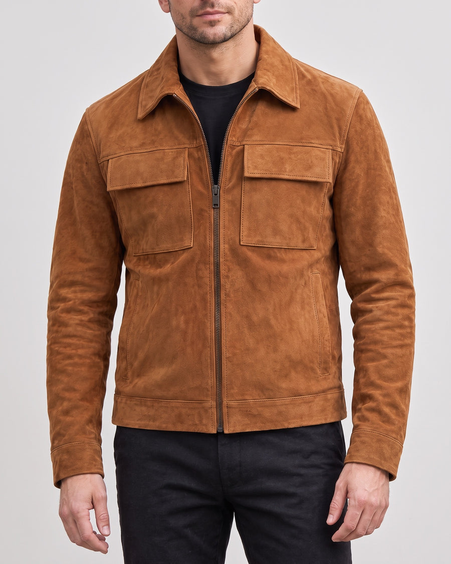 Men's Banks Suede Zip Shirt Jacket — Cognac on light gray background