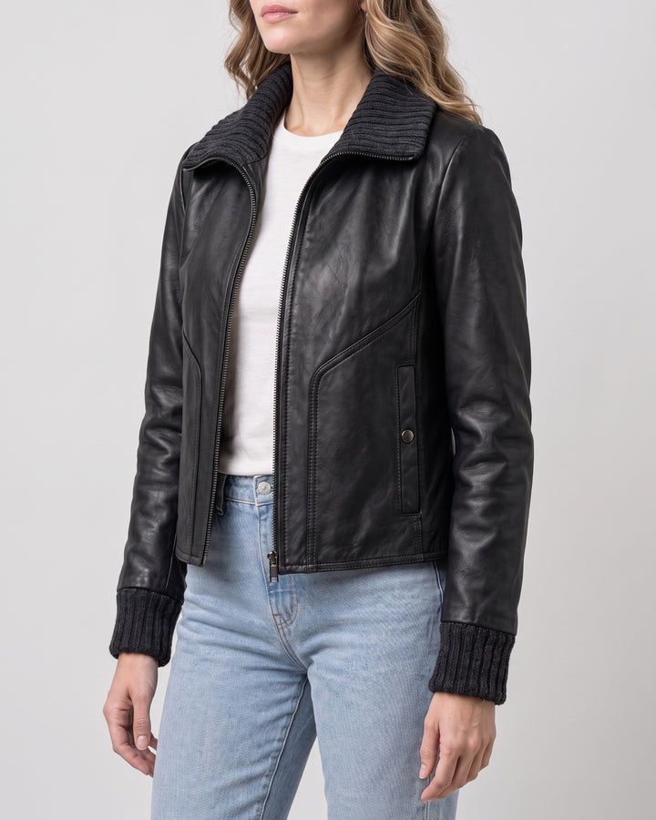 Women's Beatrix Leather Jacket — Black on light gray background