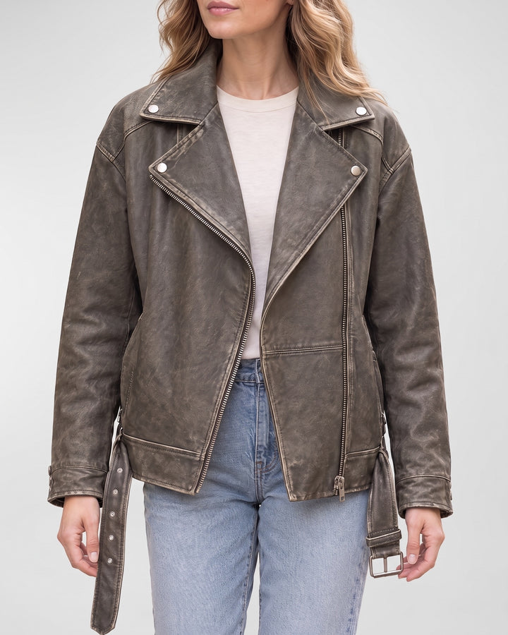 Women's Briana Oversized Asymmetric Leather Moto Jacket — Brown on light gray background