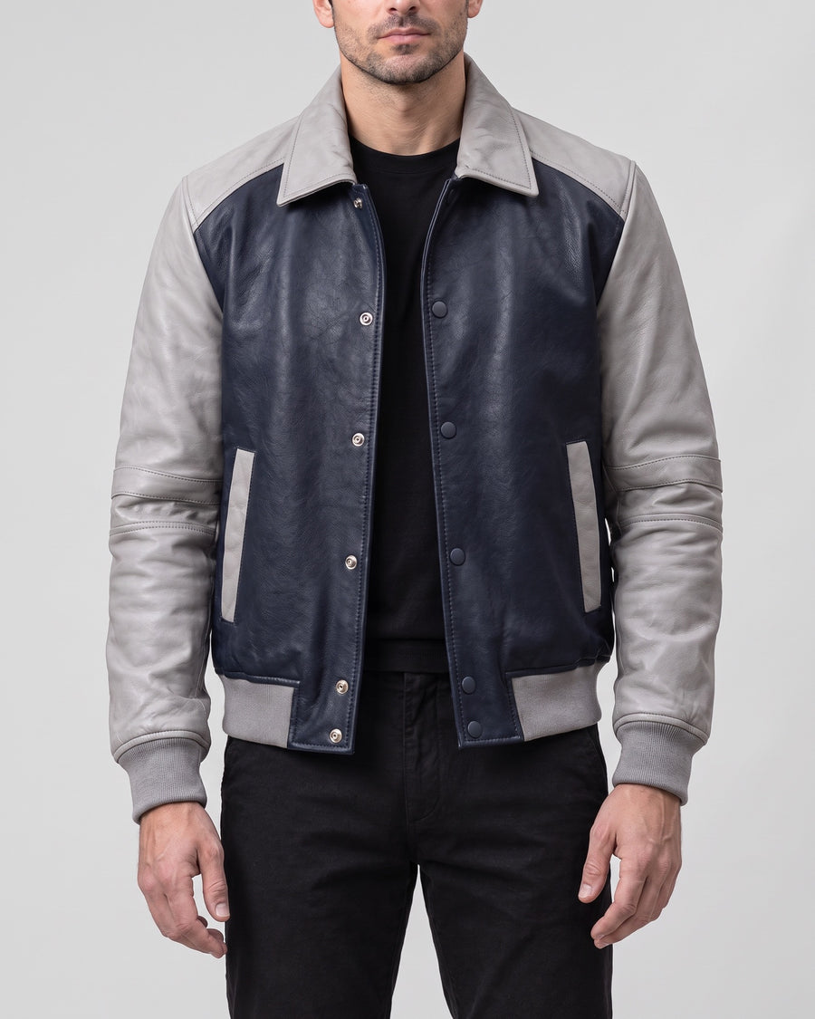 Men's Bryson Leather Varsity Jacket — Navy/Grey on light gray background