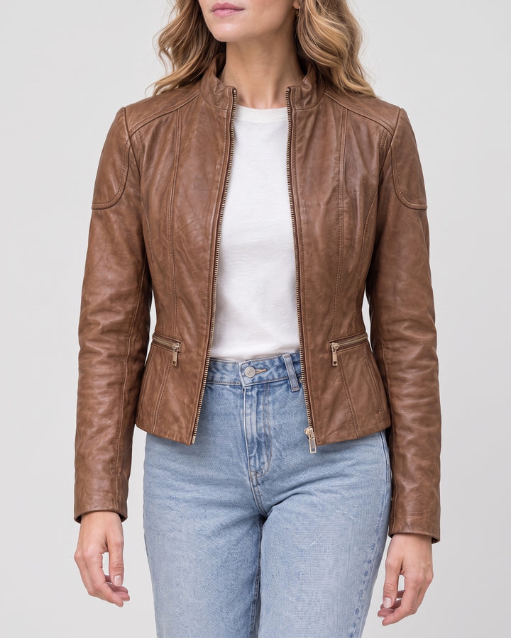 Women's Caitlin Leather Scuba Jacket — Cognac on light gray background