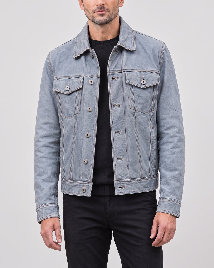 Men's Chase Leather Denim Jacket — Light Blue Wash on light gray background