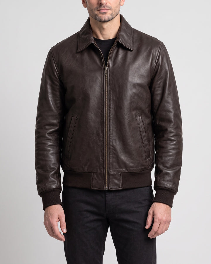 Men's Chris Leather Bomber Jacket — Brown on light gray background