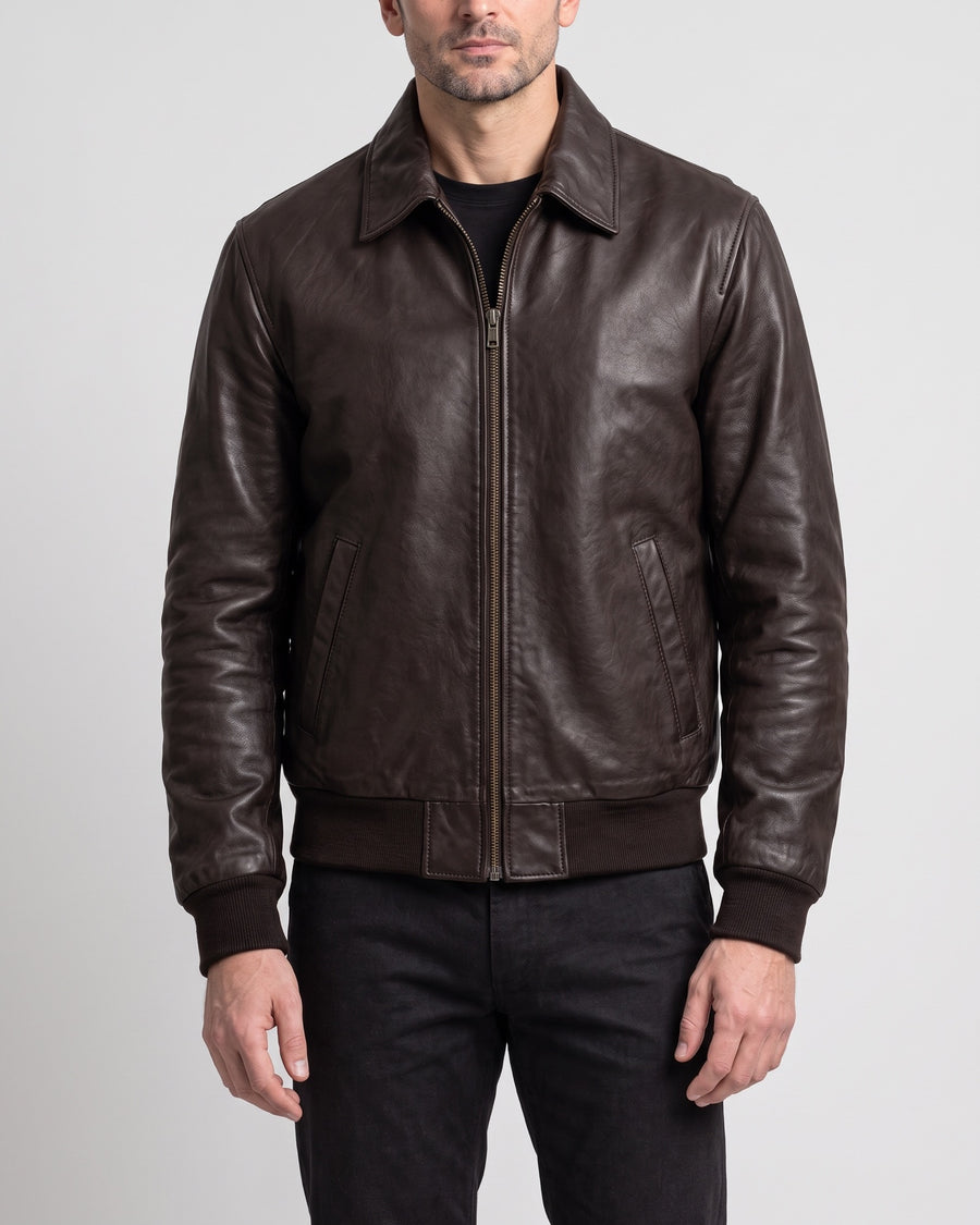 Men's Chris Leather Bomber Jacket — Brown on light gray background