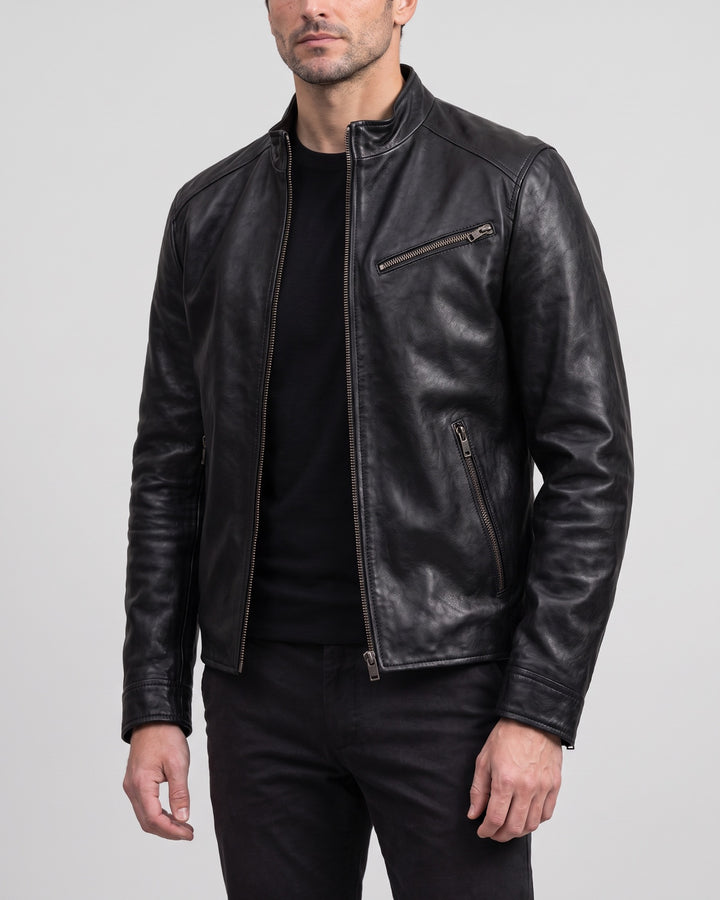 Men's Classic Leather Racer Jacket — Black on light gray background