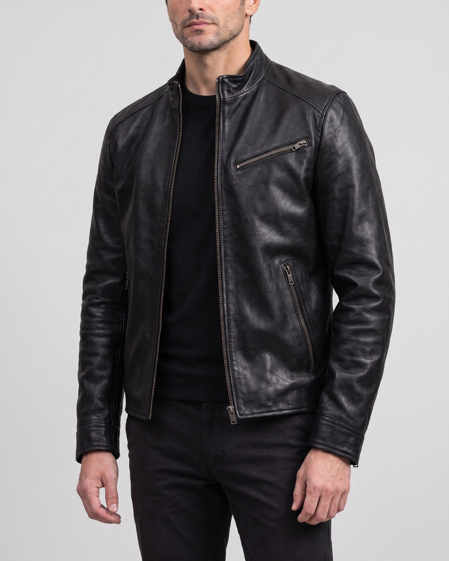 Men's Classic Leather Racer Jacket — Black on light gray background