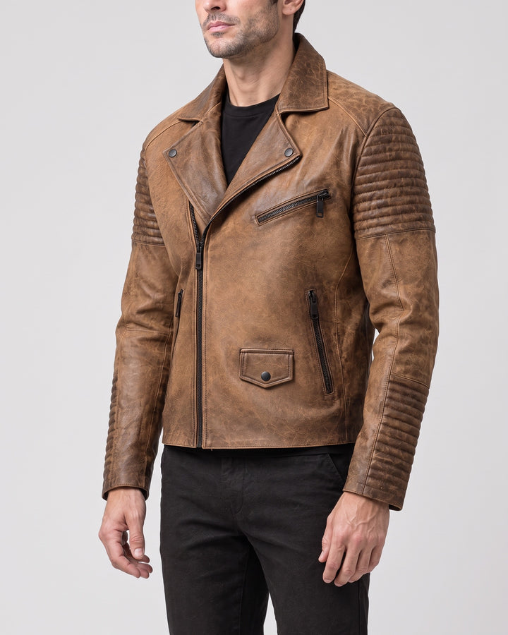 Men's Dom Padded Leather Moto Jacket — Cognac on light gray background