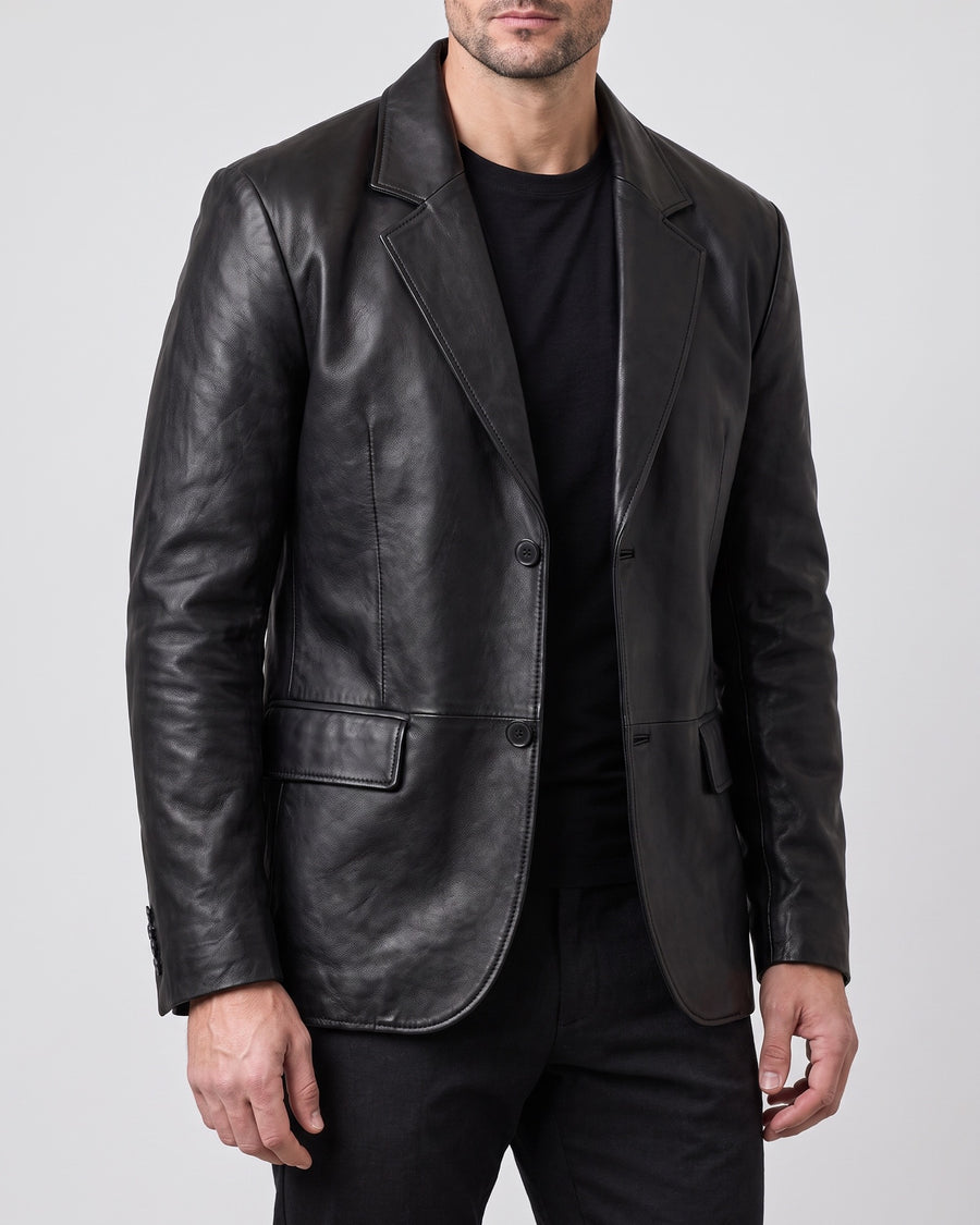 Men's Dylan Genuine Leather Blazer Jacket — Black on light gray background