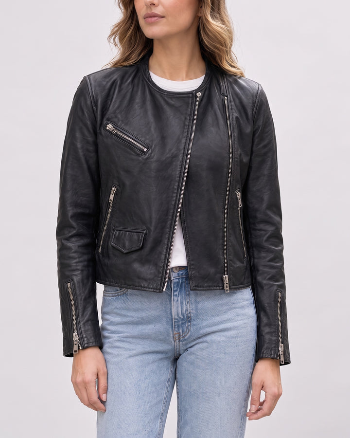 Women's Eloise Vintage Collarless Moto Jacket — Black on light gray background