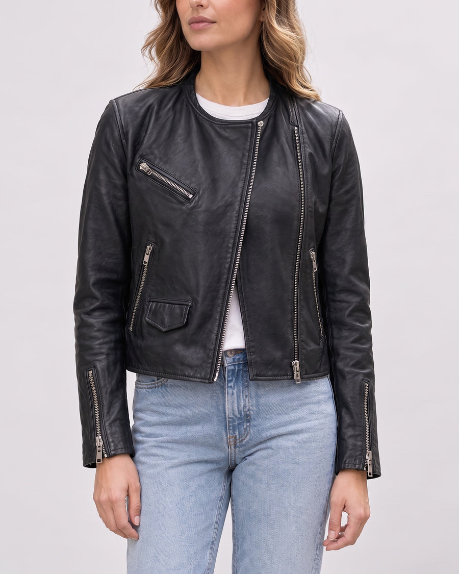 Women's Eloise Vintage Collarless Moto Jacket — Black on light gray background
