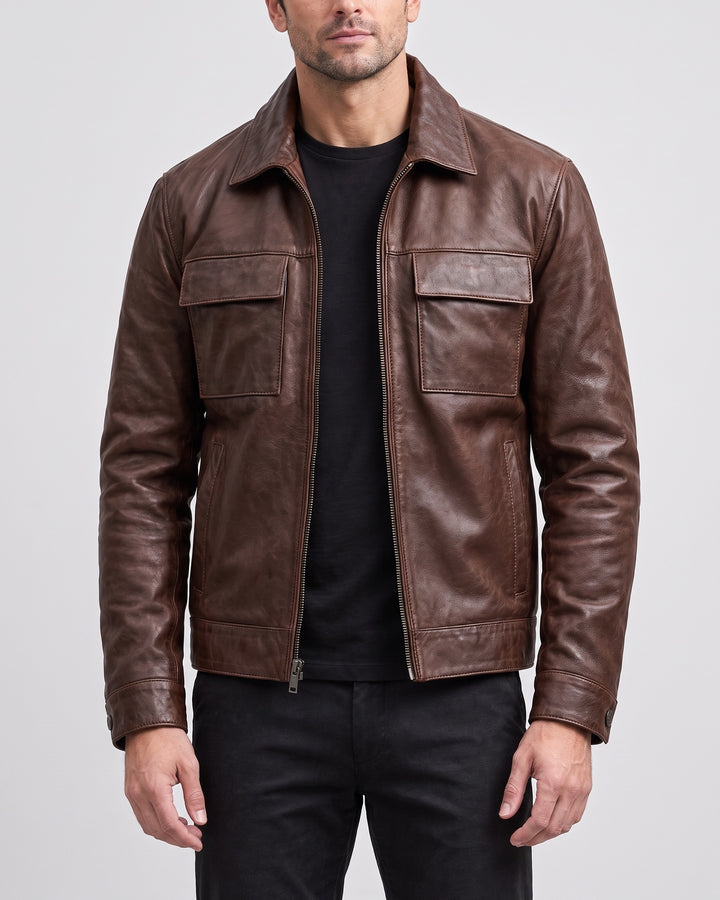Men's Emerson Leather Zip Shirt Jacket — Brown on light gray background