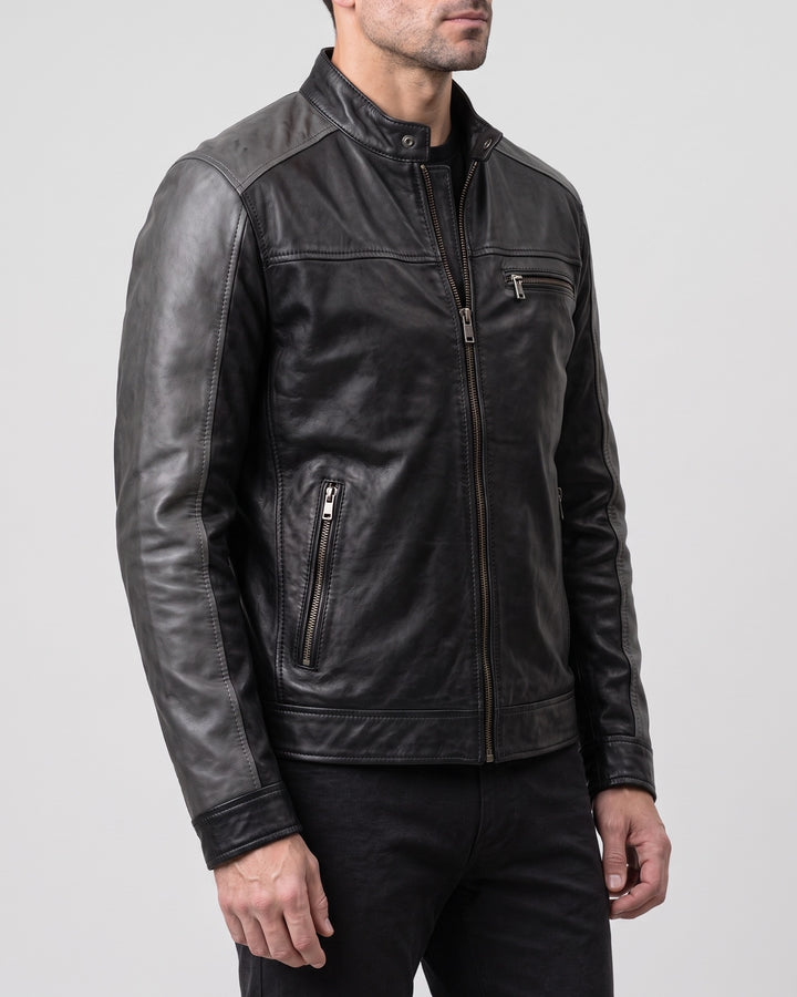 Men's Ethan Leather Racer Jacket — Black/Grey on light gray background