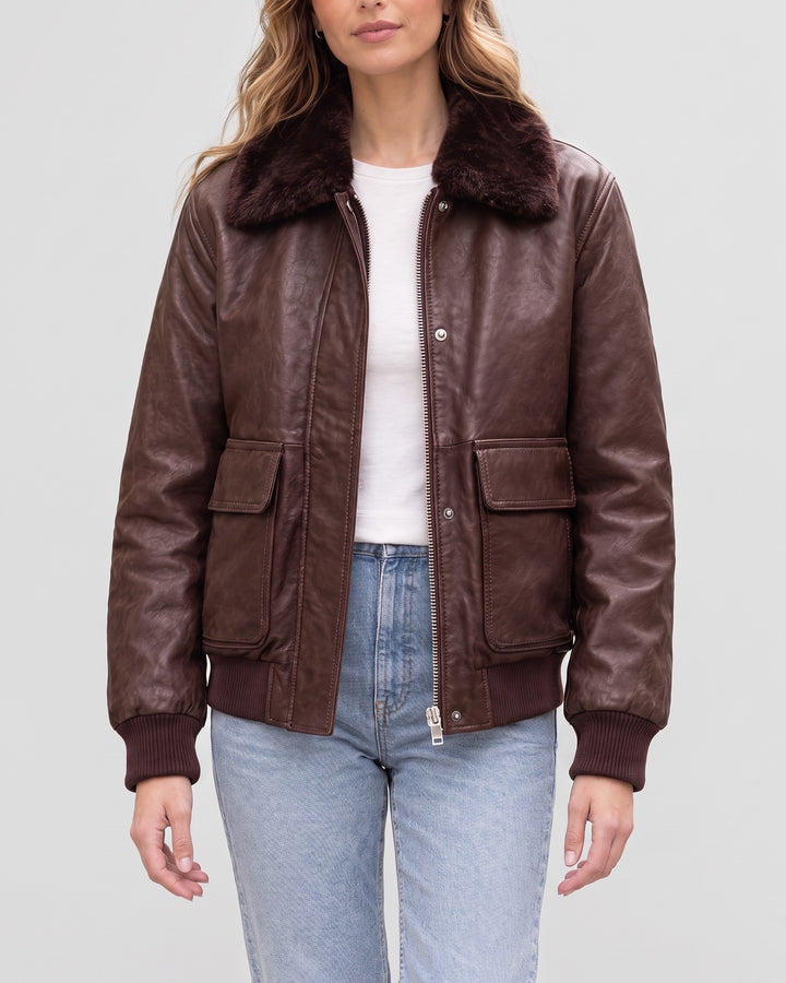 Women's Everleigh Faux Fur Lined Bomber Jacket — Wine on light gray background