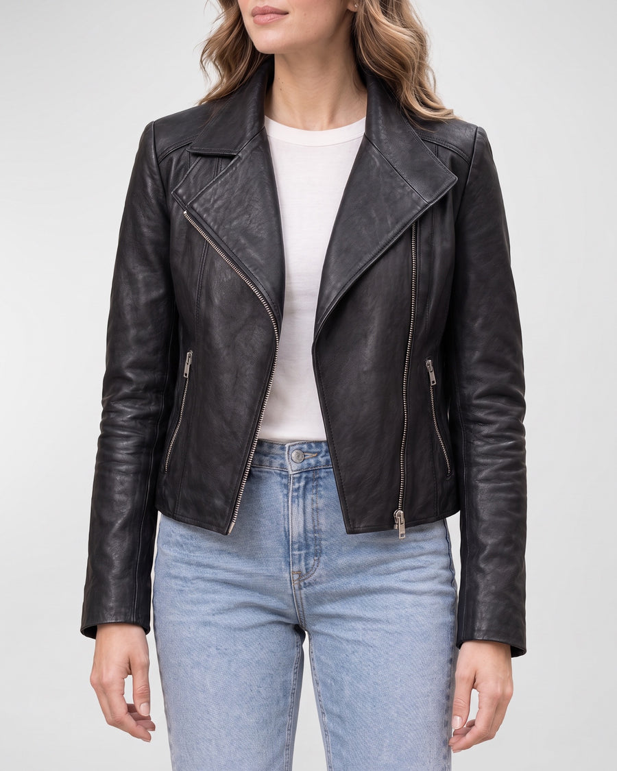 Women's Felix Leather Moto Jacket — Black on light gray background