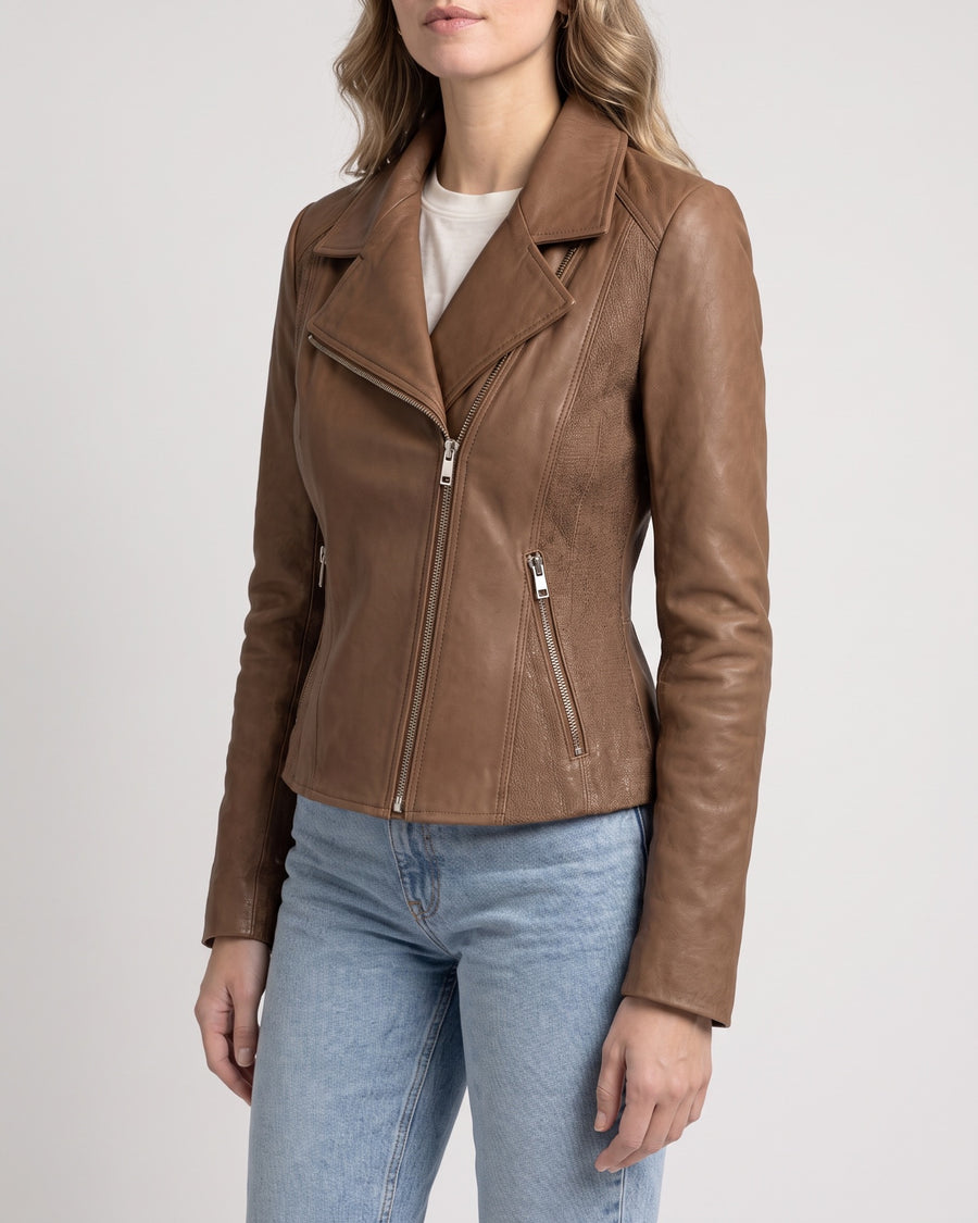 Women's Felix Leather Moto Jacket — Sepia on light gray background