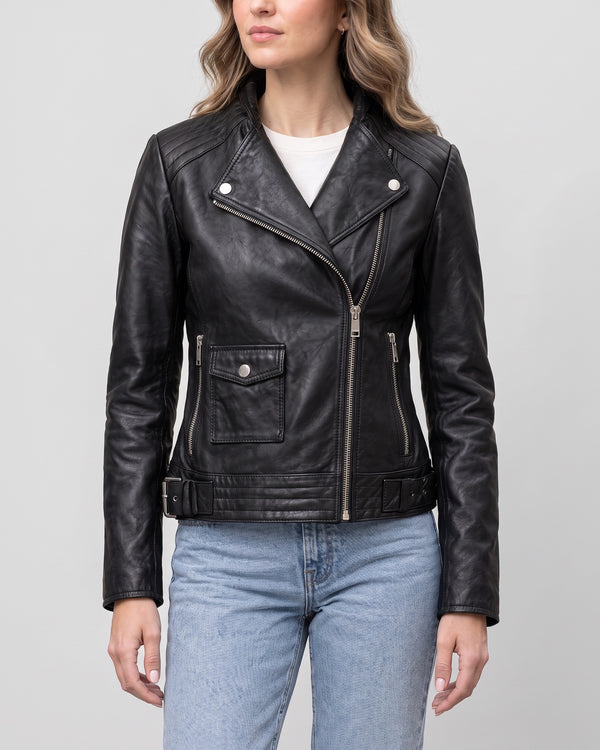 Women's Frankie Leather Moto Jacket — Black on light gray background