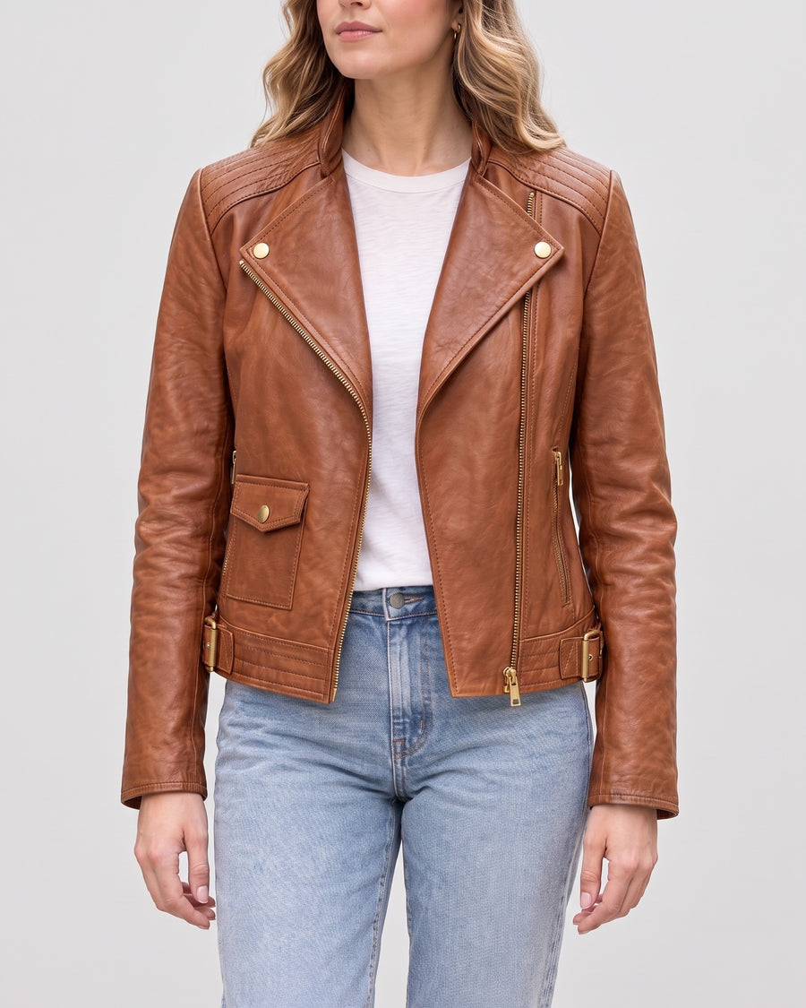 Women's Frankie Leather Moto Jacket — Oak on light gray background