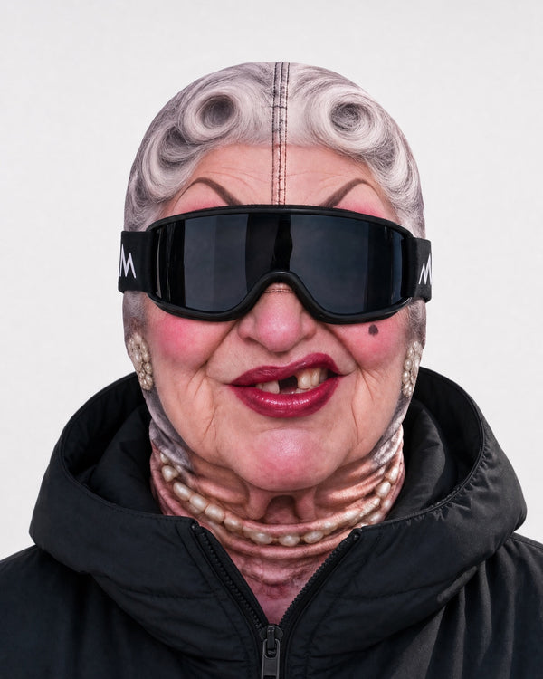 Funny Face Ski Mask – Adult Printed Stretch Balaclava — Curly-Haired Granny, catalog studio image