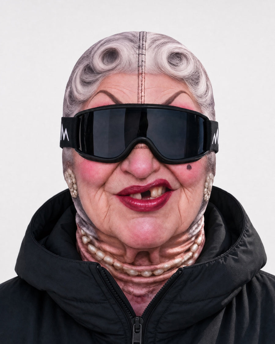 Funny Face Ski Mask – Adult Printed Stretch Balaclava — Curly-Haired Granny, catalog studio image