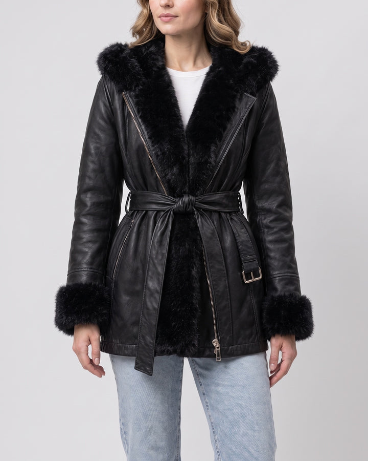 Women's Genevieve Belted Trench Jacket — Black on light gray background