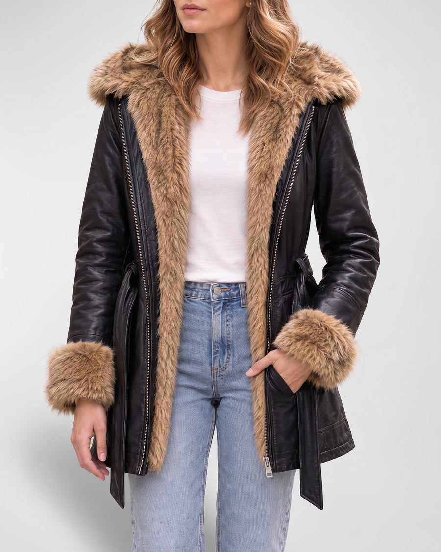 Women's Genevieve Belted Trench Jacket — Black Multi on light gray background