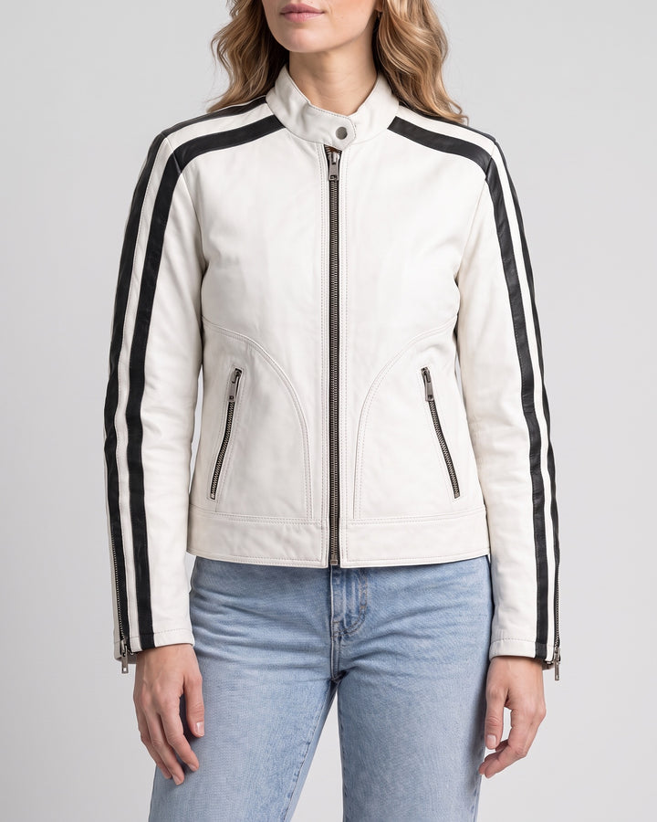 Women's Gianna Leather Striped Racer Jacket — White / Black on light gray background