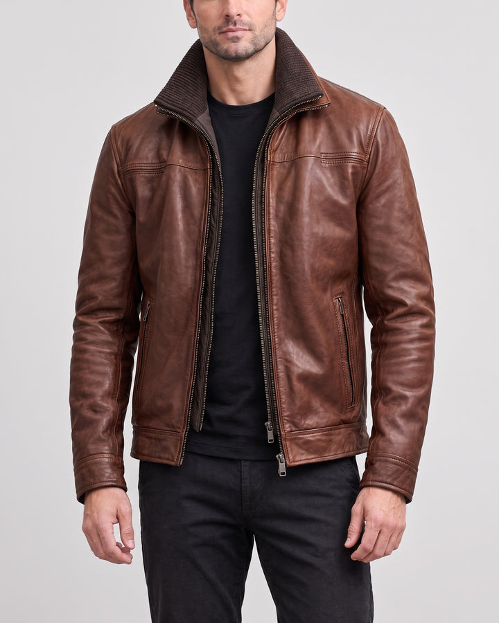Men's Jett Leather Jacket with Rib-Knit Collar — Brown on light gray background