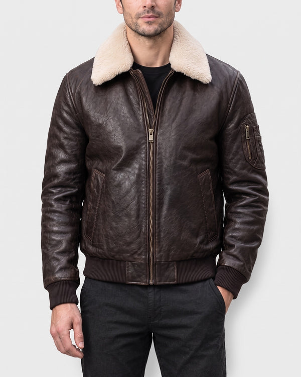 Men's Jimmy Leather Aviator Bomber Jacket With Shearling Collar — Deep Brown on light gray background