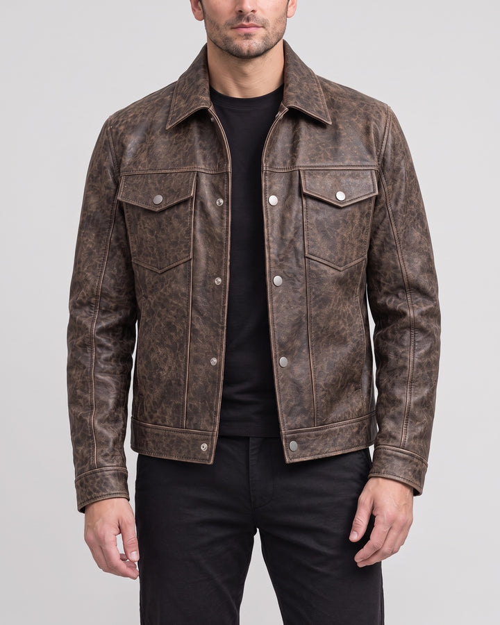 Men's Jonah Vintage Leather Shirt Jacket — Brown on light gray background