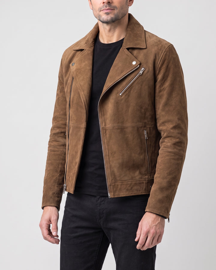 Men's Joss Suede Moto Jacket — Cognac on light gray background