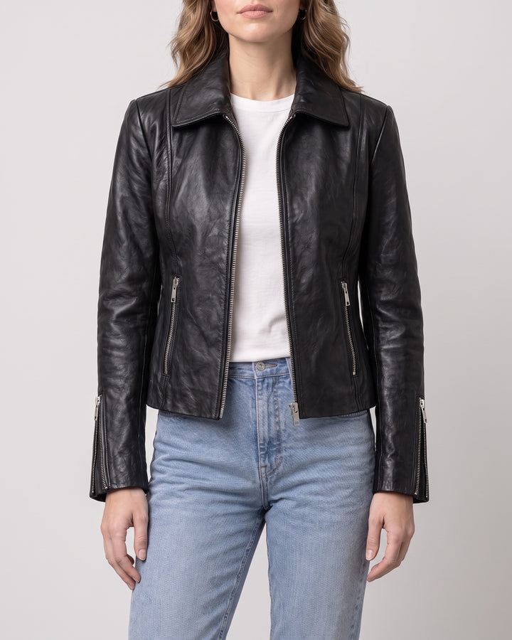 Women's Justine Shirt Collar Zip Jacket — Black on light gray background