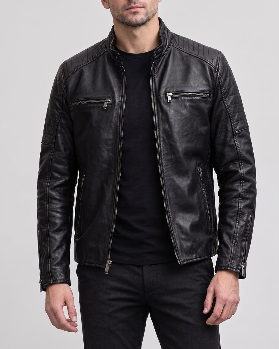 Men's Lance Collarless Moto Jacket — Black on light gray background