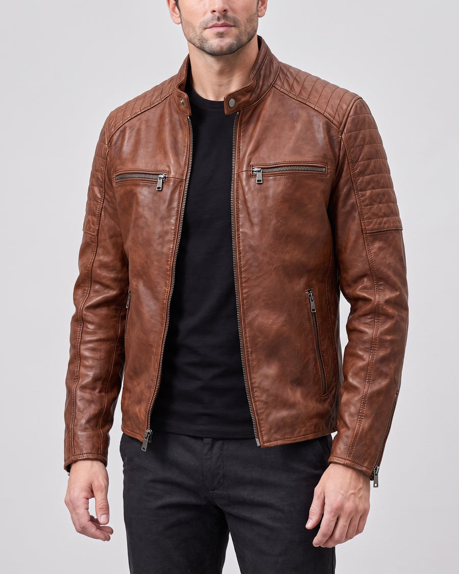 Men's Lance Collarless Moto Jacket — Brown on light gray background