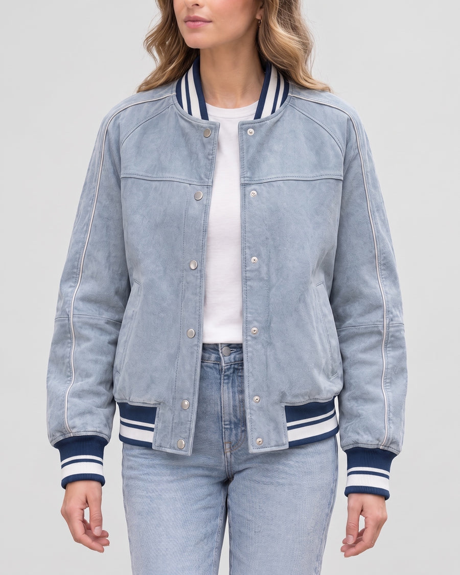 Women's Lena Leather Denim Varsity Jacket — Light Blue Wash on light gray background