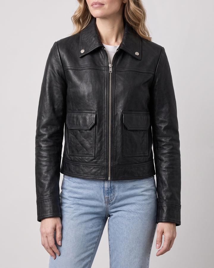 Women's Lunetta Leather Trucker Jacket — Black on light gray background